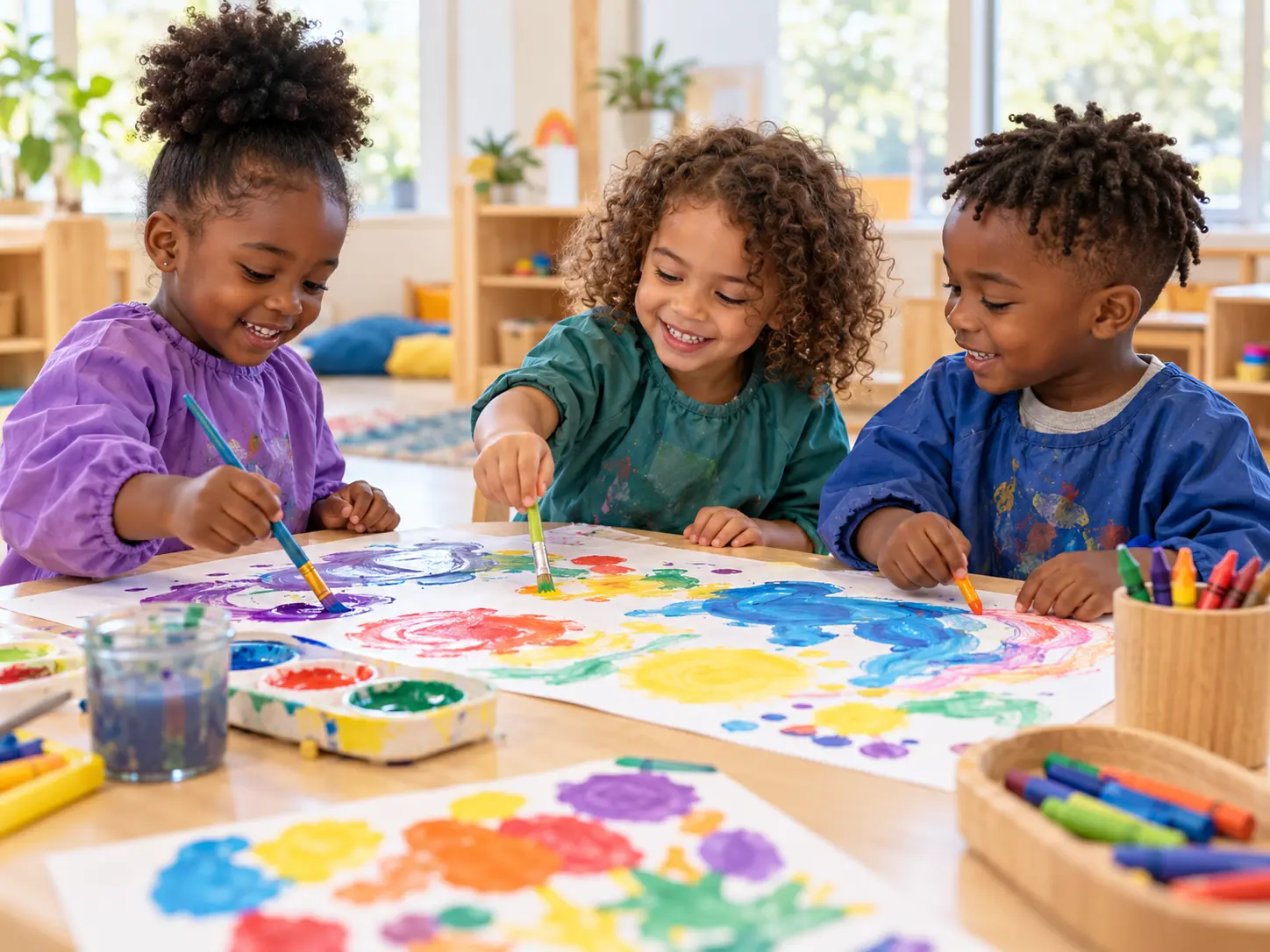 Black and mixed-race children collaborating on colorful classroom art projects