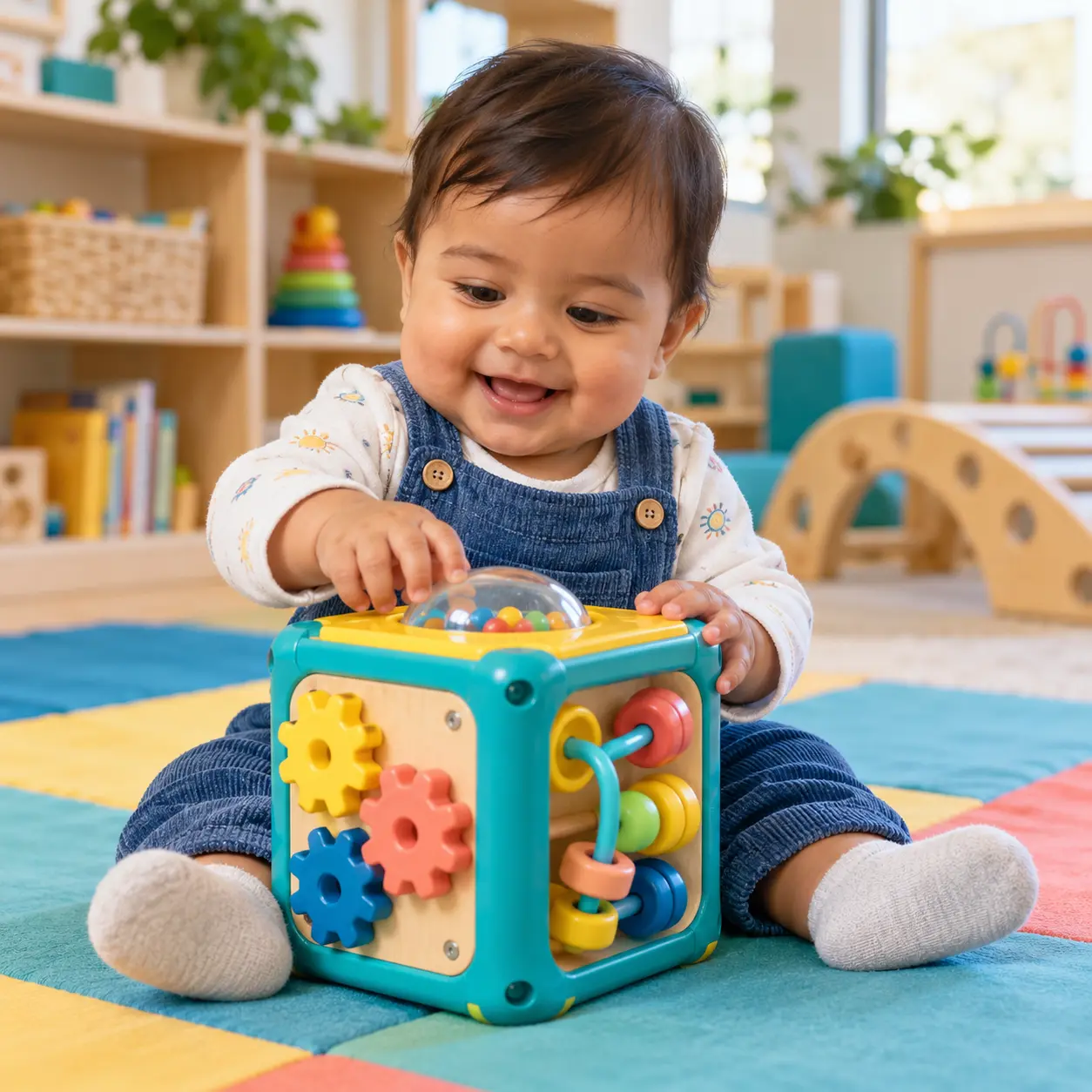 An infant exploring a colorful sensory toy