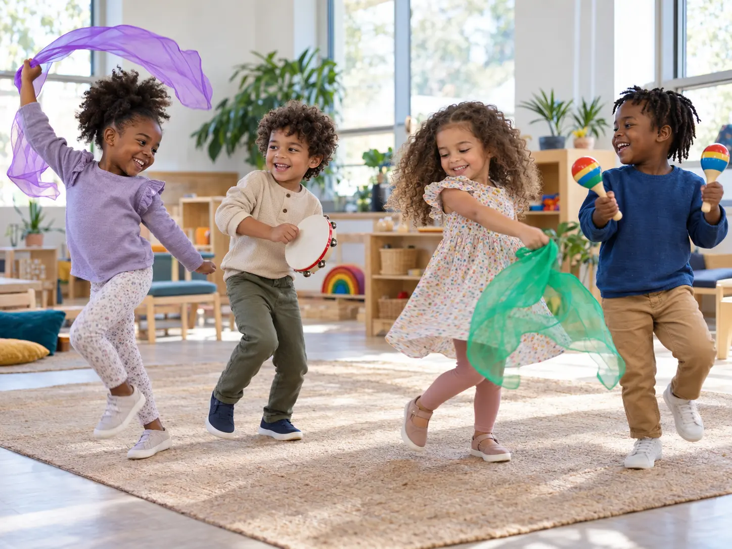 Black and mixed-race children dancing with scarves and rhythm instruments