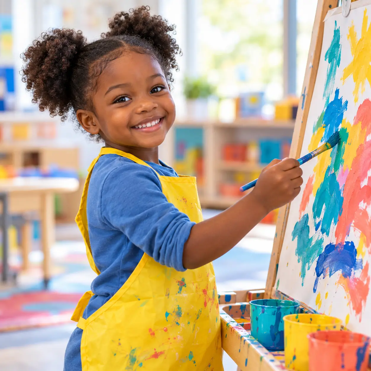 A dark-skinned Black preschooler painting a colorful picture at an easel