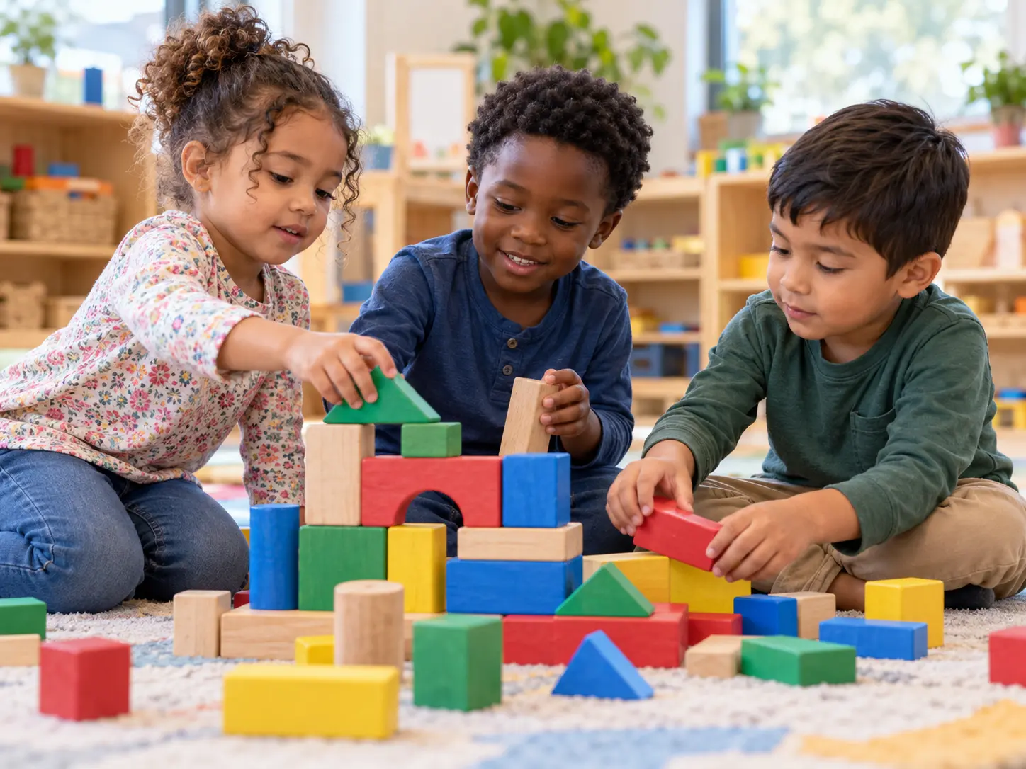 Three children building and problem-solving together with colorful blocks