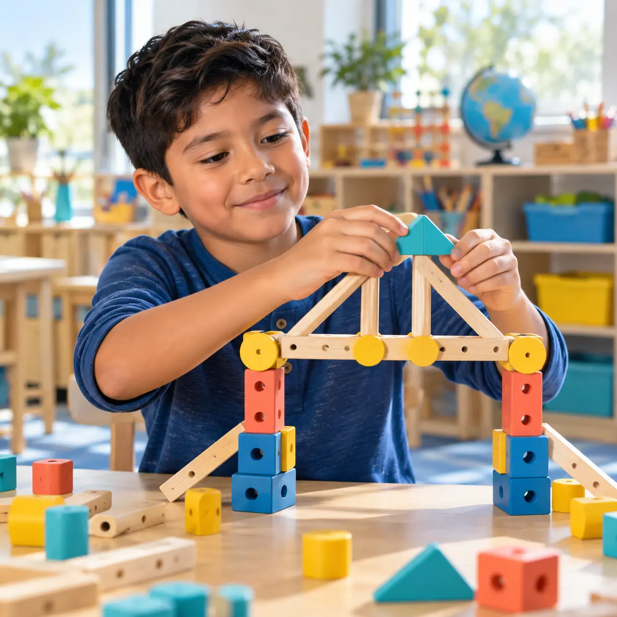 A school-age child building a colorful STEAM structure