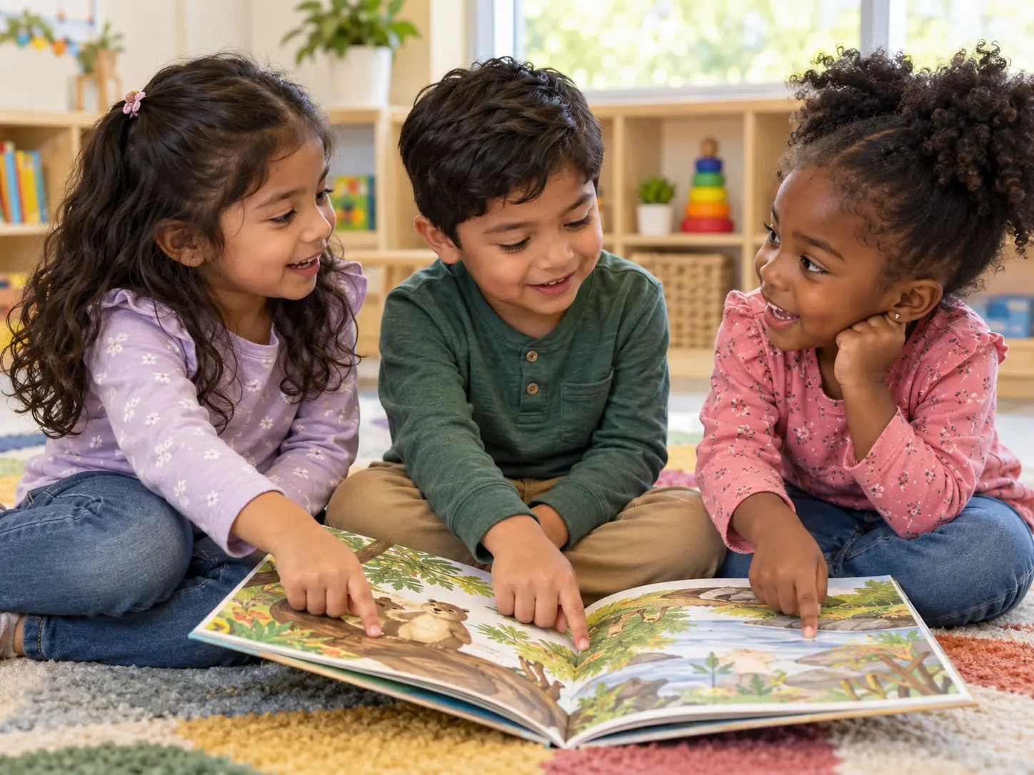 Hispanic and Black children sharing a picture book and talking about the story