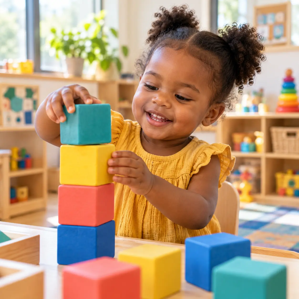 A toddler stacking colorful blocks in the classroom